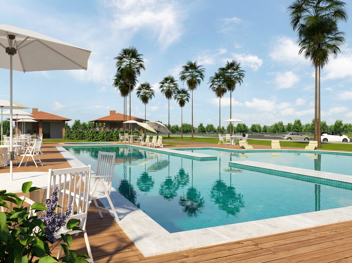 Complexo de piscinas com deck