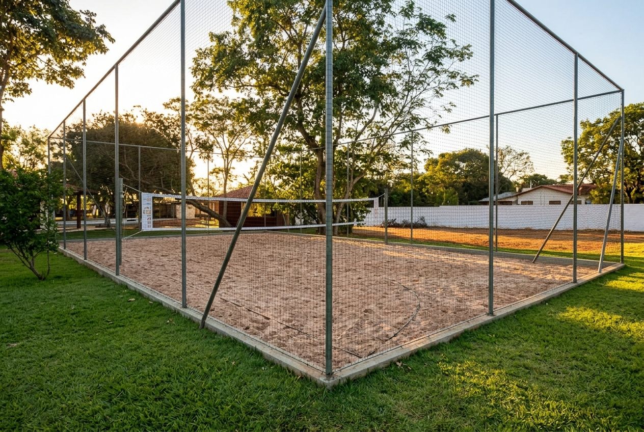 Quadra de areia e campo de futebol gramado